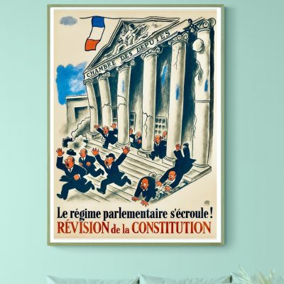 Affiche vintage dénonçant la chute du régime parlementaire français.