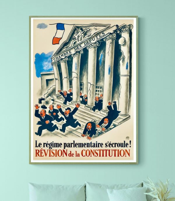 Affiche vintage dénonçant la chute du régime parlementaire français.