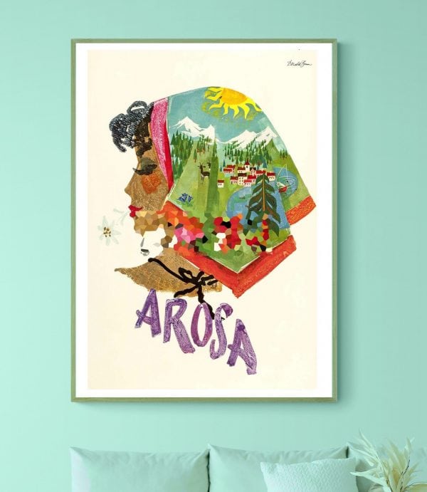 Affiche vintage d'une femme avec paysage alpin et soleil, style artistique coloré.