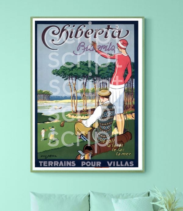 Affiche vintage Chiberta Biarritz, illustrant un paysage côtier avec deux personnes jouant au golf s.