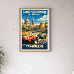 Affiche vintage de la course automobile à Angoulême, avec voitures de course classiques et vue histo.