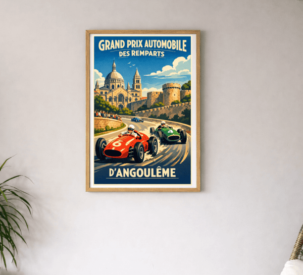 Affiche vintage de la course automobile à Angoulême, avec voitures de course classiques et vue histo.