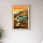 Affiche vintage de Camara da Lobos, Madère, avec vue panoramique et pêcheurs traditionnels.