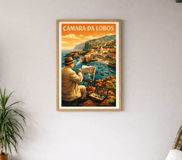 Affiche vintage de Camara da Lobos, Madère, avec vue panoramique et pêcheurs traditionnels.