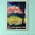 Affiche vintage de Cortina d'Ampezzo dans les Dolomites, paysage alpin coloré et rétro.