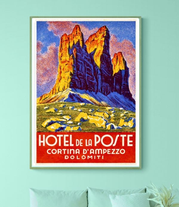 Affiche vintage de la Cortina d'Ampezzo dans les Dolomites, idéale pour décoration murale.