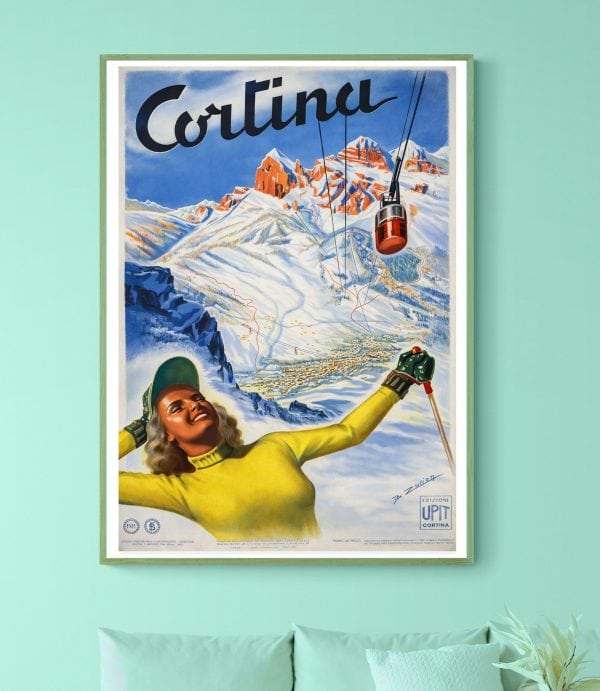 Affiche vintage de Cortina Dolomiti avec paysage de montagne enneigée et télécabine.