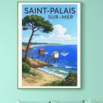 Affiche vintage de Saint-Palais-sur-Mer, plage et cabanes en bois, style rétro, décoration murale ma.