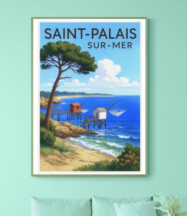 Affiche vintage de Saint-Palais-sur-Mer, plage et cabanes en bois, style rétro, décoration murale ma.