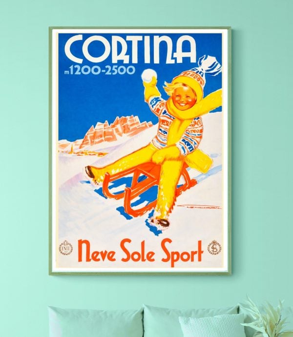 Affiche vintage de la station de ski Cortina dans les Dolomites.