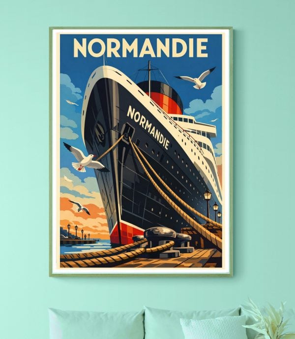 Affiche vintage Normandie, bateau de croisière, décoration maritime, affiche rétro.