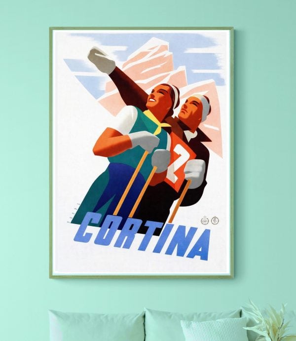 Affiche vintage de Cortina Dolomiti avec skieurs en montagne.