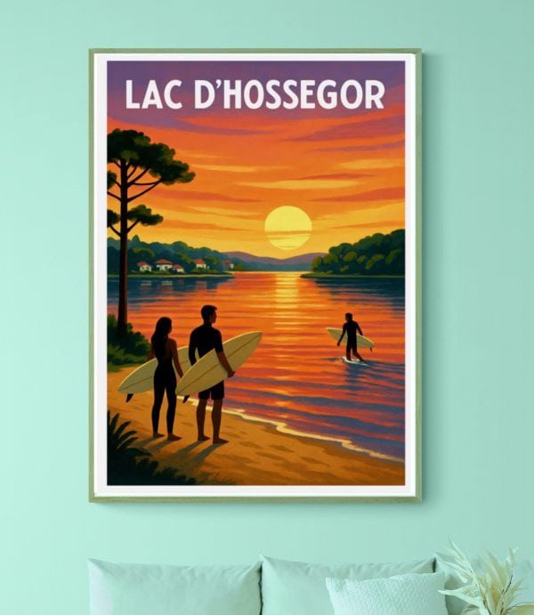 Affiche vintage du Lac d'Hossegor avec coucher de soleil et activités nautiques.