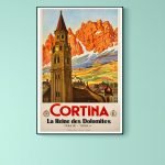 Affiche vintage de Cortina avec montagnes Dolomites en arrière-plan.