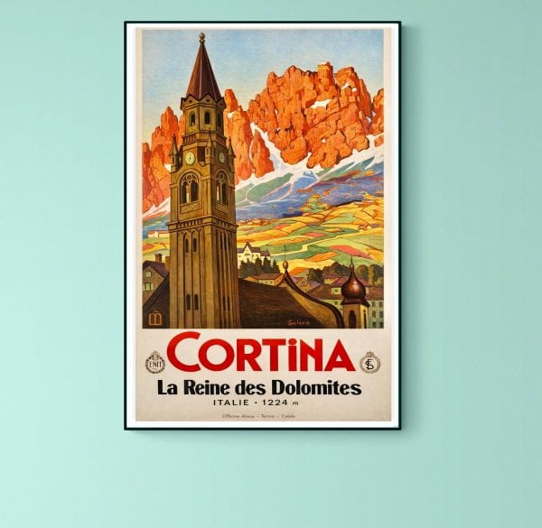 Affiche vintage de Cortina avec montagnes Dolomites en arrière-plan.