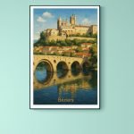 Affiche vintage Béziers, vue panoramique de la ville avec son pont et son château.
