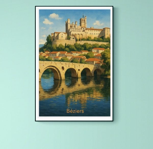 Affiche vintage Béziers, vue panoramique de la ville avec son pont et son château.