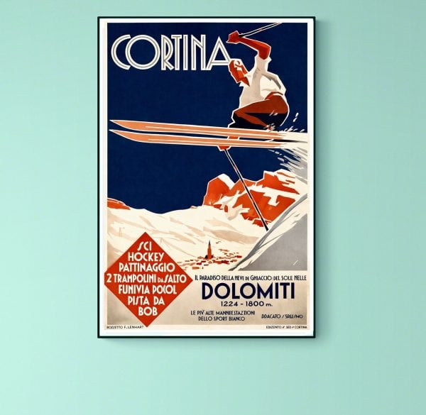 Affiche vintage de Cortina Dolomiti, station de ski célèbre dans les Dolomites.