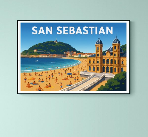 Affiche vintage de San Sebastian avec plage et architecture emblématique.