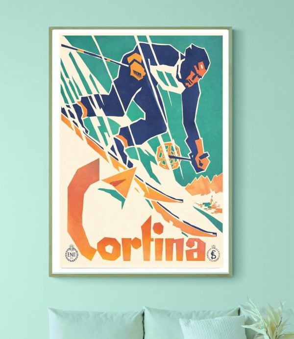 Affiche vintage de Cortina Dolomiti, illustration colorée de ski alpin dans les Alpes italiennes.