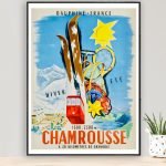 Affiche vintage Chamrousse, station de ski et de montagne en Dauphiné, France, avec skis, soleil et.