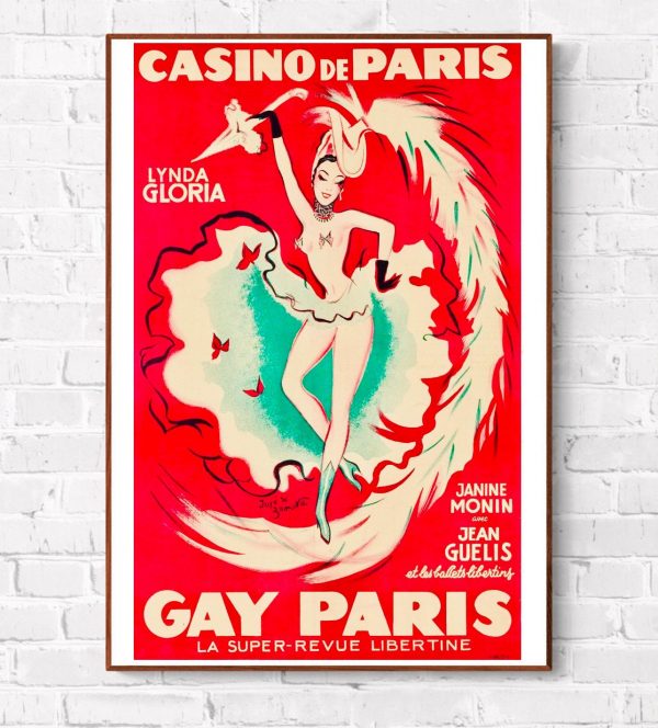 Affiche vintage de spectacle avec une danseuse et un dragon, évoquant l'ambiance rétro et artistique.