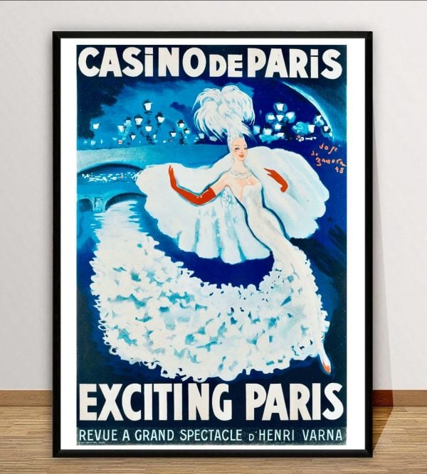 Affiche vintage Casino de Paris, spectacle excitant avec danseuse en robe blanche élégante.