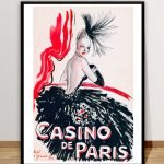 Affiche vintage Casino de Paris, style artistique avec femme élégante et plume, couleurs noir, blanc.