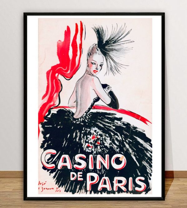 Affiche vintage Casino de Paris, style artistique avec femme élégante et plume, couleurs noir, blanc.