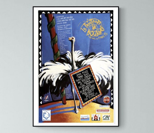 Affiche vintage du Printemps de Bourges 1995 avec un flamant rose et un décor coloré.