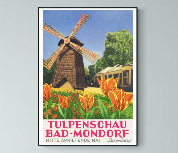 Affiche vintage représentant un moulin à vent avec tulipes colorées en avant-plan.