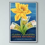 Affiche vintage représentant une fleur jaune avec des billets de loterie nationale.