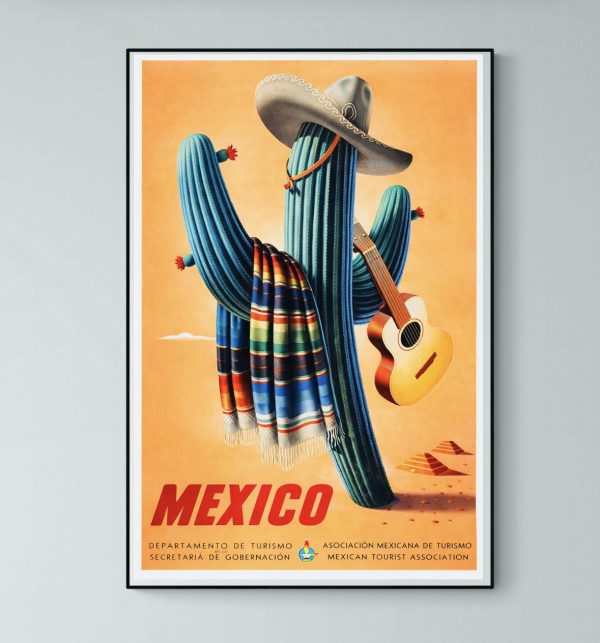 Affiche vintage Mexique avec cactus, sombrero et guitare. Idéal pour décoration murale ou collection.