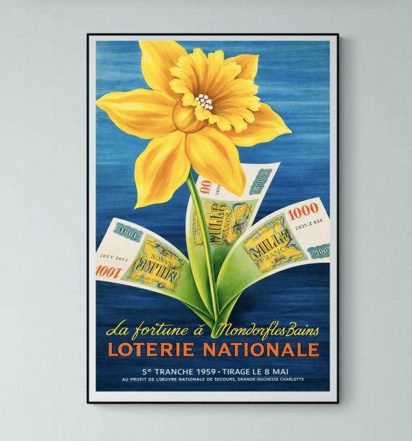 Affiche vintage représentant une fleur jaune avec des billets de loterie nationale.