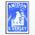 Affiche vintage Amidon à l'ours blanc, style rétro, en bleu et blanc, évoquant la qualité et la trad.