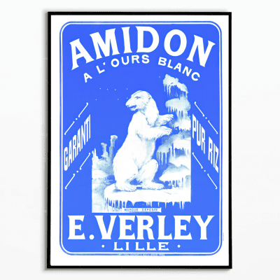 Affiche vintage Amidon à l'ours blanc, style rétro, en bleu et blanc, évoquant la qualité et la trad.