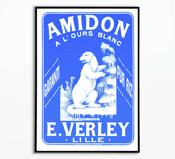 Affiche vintage Amidon à l'ours blanc, style rétro, en bleu et blanc, évoquant la qualité et la trad.