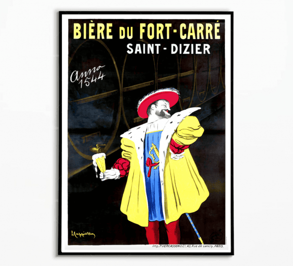 Affiche vintage de bière du Fort Carré à Saint Dizier, style rétro avec personnage historique.