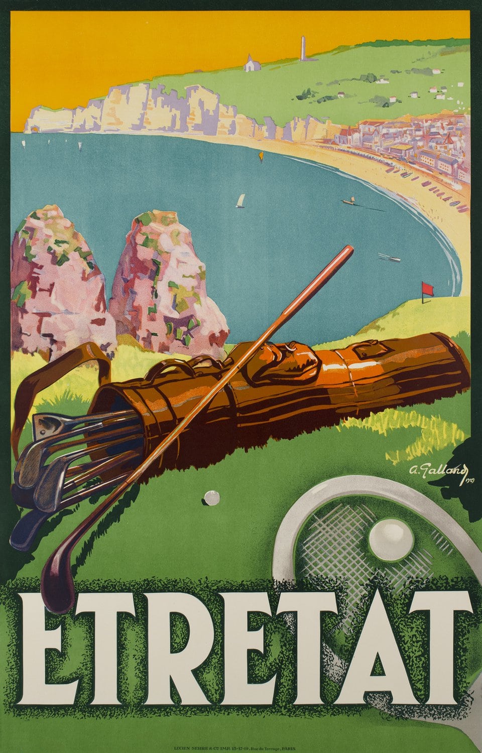 Affiche vintage de golf avec vue sur la côte d'Étretat, incluant un club de golf, un sac, et un pays.