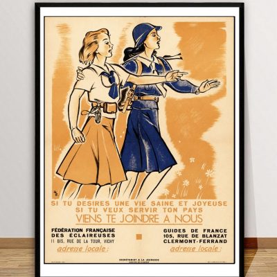 Affiche vintage de recrutement des Éclaireuses et Guides de France.