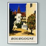 Affiche vintage Bourgogne représentant une demeure de caractère entourée d'arbres, éditée par la SNCF dans un style touristique français du XXe siècle.