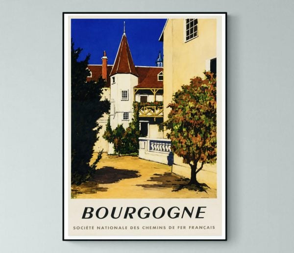 Affiche vintage Bourgogne représentant une demeure de caractère entourée d'arbres, éditée par la SNCF dans un style touristique français du XXe siècle.