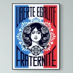 Affiche Shepard Fairey Obey « Liberté, Égalité, Fraternité » en rouge, noir et beige, reproduction d'une œuvre iconique de street art contemporain.