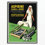 Affiche publicitaire vintage française Aspirine Usines du Rhône avec infirmière en blanc, boîtes d'aspirine et comprimés