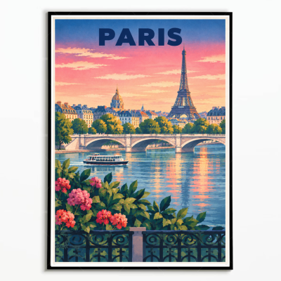 Affiche Paris – Tour Eiffel et Seine au coucher du soleil
