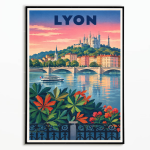Affiche illustrée de Lyon avec la basilique de Fourvière, le Rhône et les ponts lyonnais