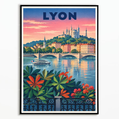 Affiche illustrée de Lyon avec la basilique de Fourvière, le Rhône et les ponts lyonnais