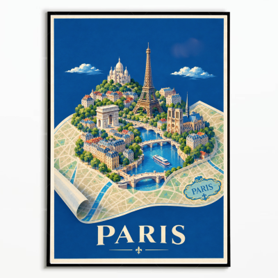 Affiche illustrée de Paris avec la Tour Eiffel, le Sacré-Cœur, Notre-Dame et les ponts de la Seine