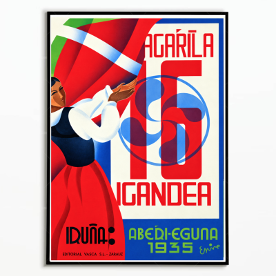 Affiche vintage Aberri Eguna Iruña 1935 avec personnage en costume basque