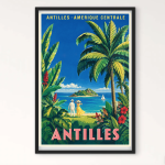 Affiche illustrée des Antilles avec palmiers, plage tropicale et mer turquoise